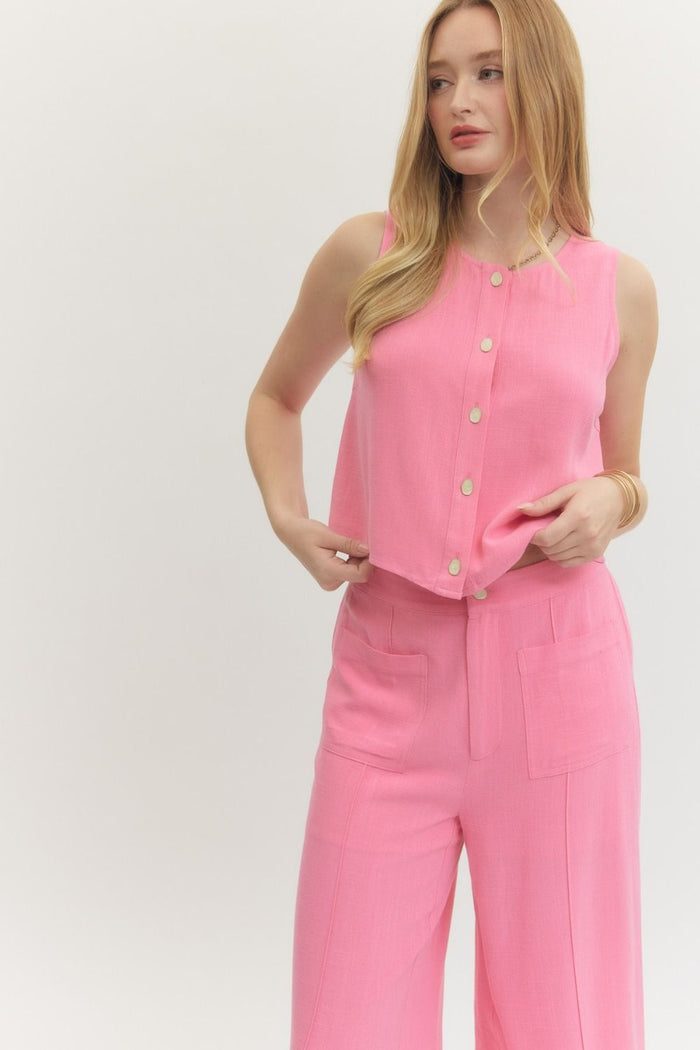 ENTRO Solid Sleeveless Woven Top With Button Closure In Pink *FINAL SALE*