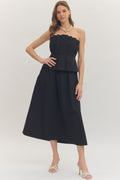 ENTRO Solid Strapless Midi Dress With Pleated Bodice In Black*FINAL SALE*