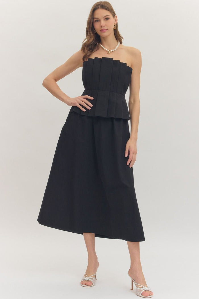 ENTRO Solid Strapless Midi Dress With Pleated Bodice In Black*FINAL SALE*