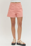 Entro Solid Woven Shorts With Contrast Stitch Detail In Pink *Final Sale*