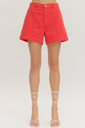 ENTRO Solid Woven Shorts With Front Seam Detail In Red *FINAL SALE*