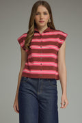 ENTRO Striped Cap Sleeve Button Front Top In Burgundy