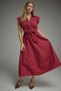ENTRO Striped Cap Sleeve Midi Dress In Red Brown