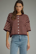 ENTRO Striped Round Neck Button Up Top In Burgundy