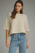 ENTRO Striped Round Neck Button Up Top In Ecru