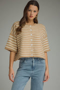 ENTRO Striped Round Neck Button Up Top In Sand