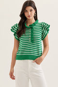 ENTRO Striped Ruffle Cap Sleeve Knit Top In Green *FINAL SALE*