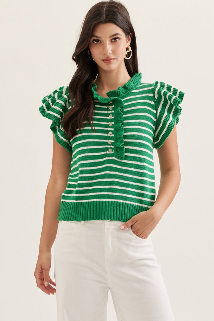 ENTRO Striped Ruffle Cap Sleeve Knit Top In Green *FINAL SALE*