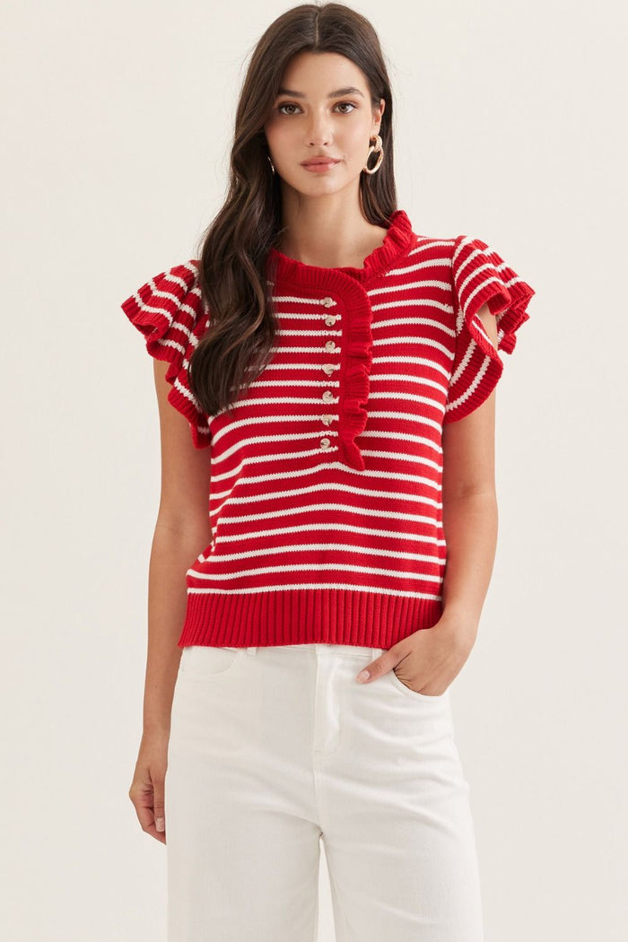 ENTRO Striped Ruffle Cap Sleeve Knit Top In Red *FINAL SALE*