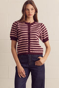 ENTRO Striped Short Puff Sleeve Cardigan In Burgundy