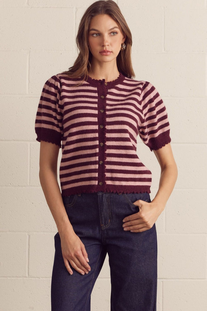 ENTRO Striped Short Puff Sleeve Cardigan In Burgundy