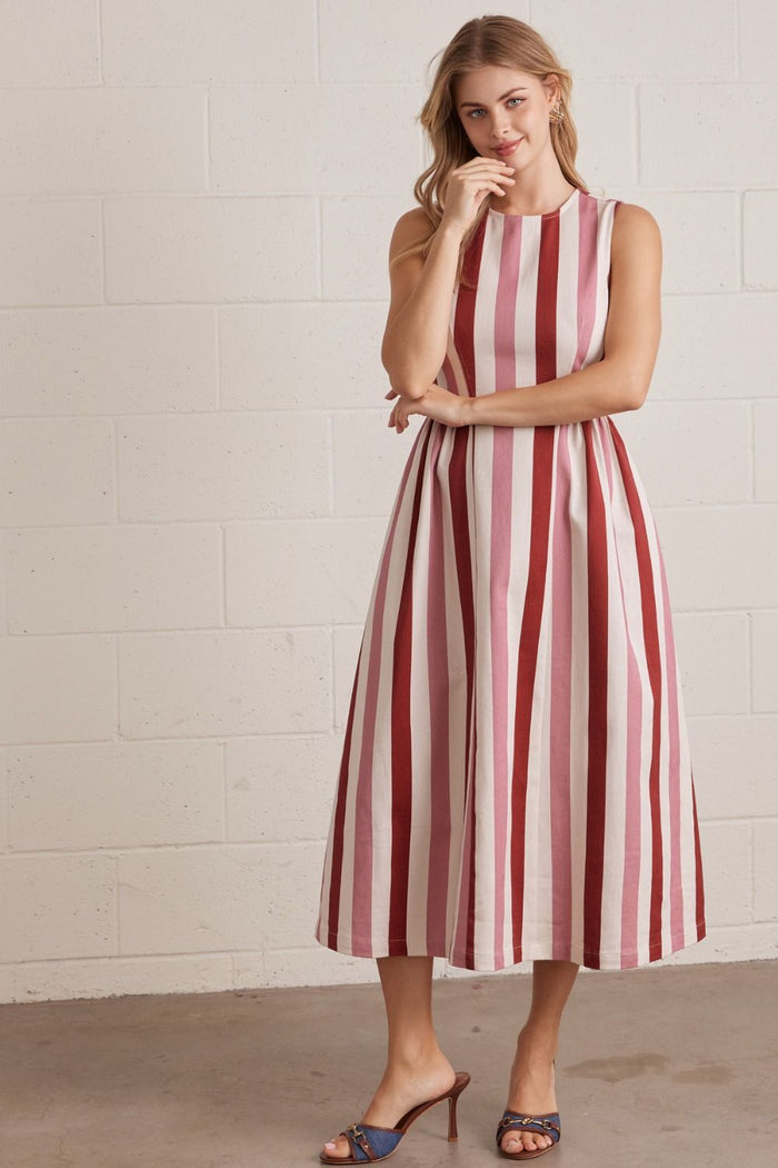ENTRO Striped Sleeveless Midi Dress In Rust Combo *FINAL SALE*