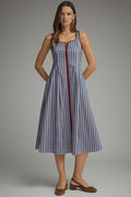 ENTRO Striped Sleeveless Midi Dress With Contrast Trim In Blue Taupe *FINAL SALE*