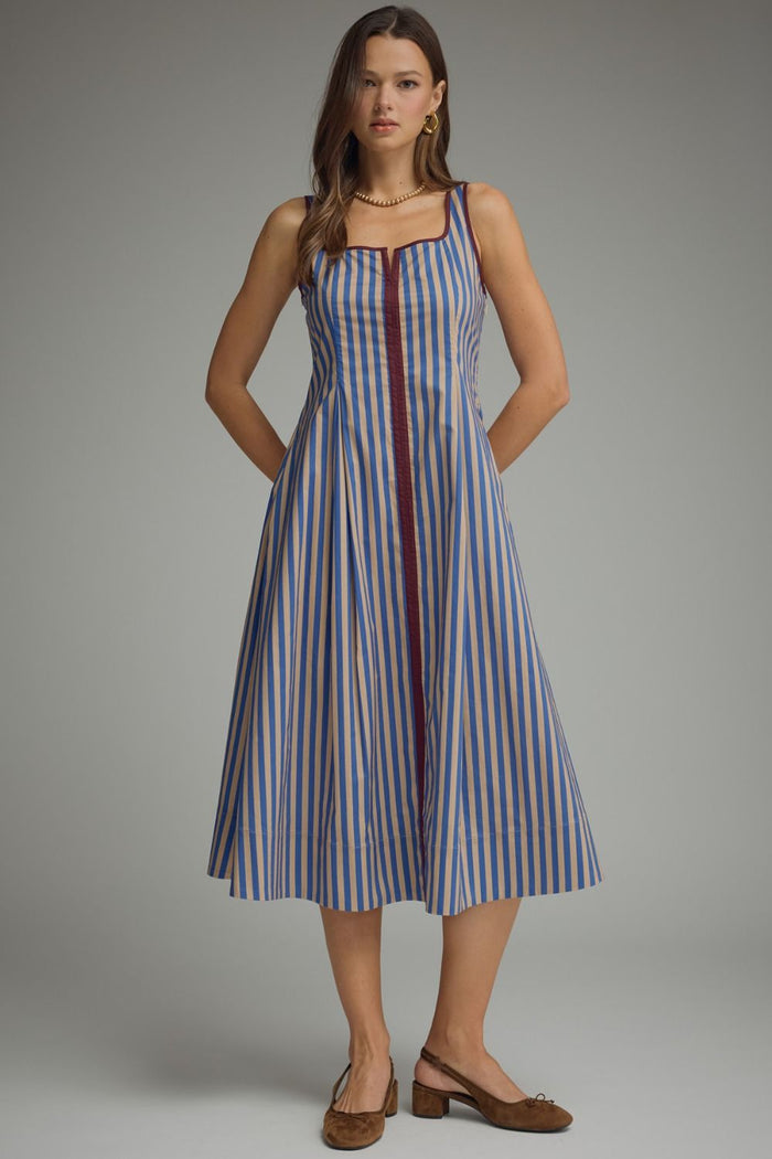 ENTRO Striped Sleeveless Midi Dress With Contrast Trim In Blue Taupe *FINAL SALE*