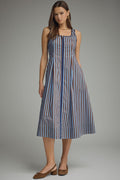 ENTRO Striped Sleeveless Midi Dress With Contrast Trim In Brown Blue *FINAL SALE*