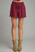 ENTRO Woven Scalloped Hem Shorts In Burgundy*FINAL SALE*