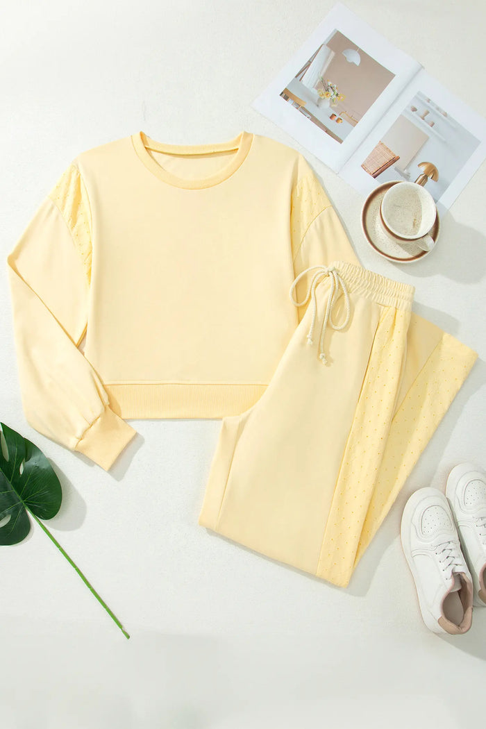 Eyelet Embroidered Lace Patchwork Cropped Pullover Drawstring Pants Set – Yellow Cream