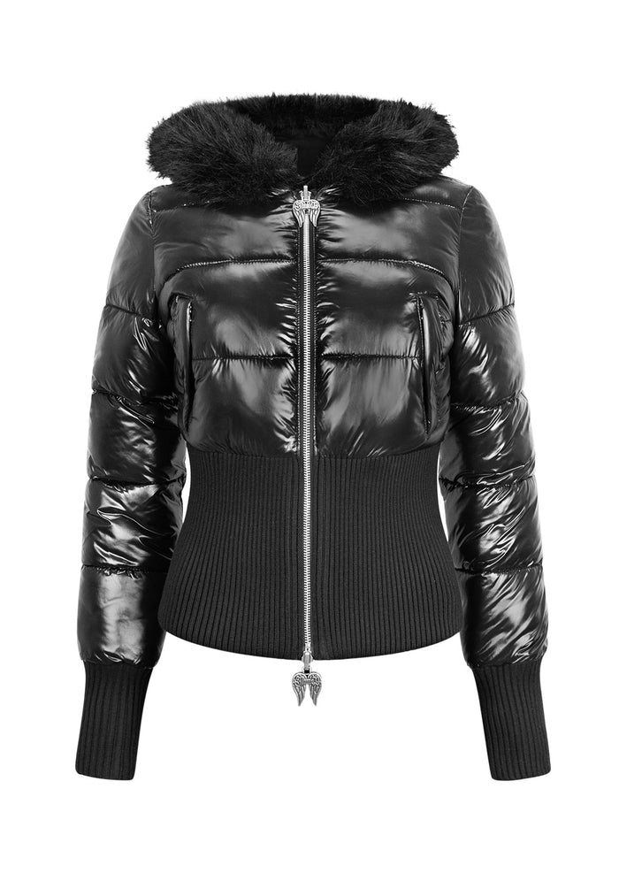Front view of a black reversible puffer jacket with ribbed waist and cuffs, featuring a fur-trimmed hood.