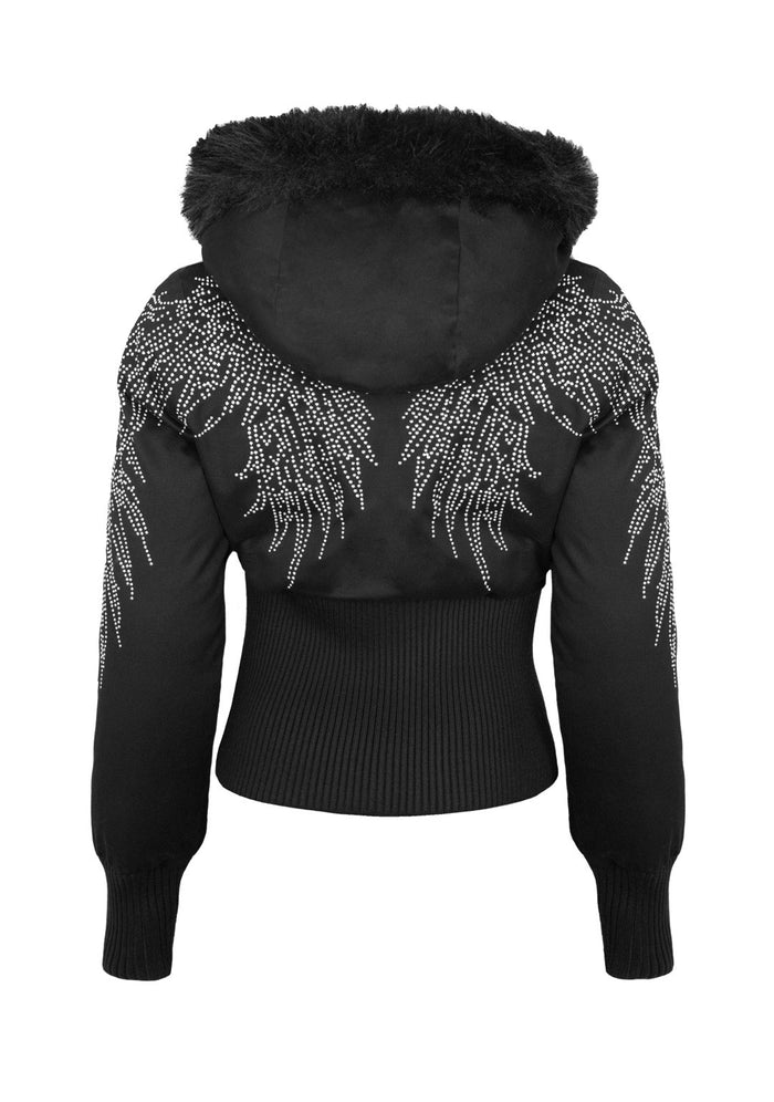 Back view of a black reversible puffer jacket featuring wing design and ribbed waist.