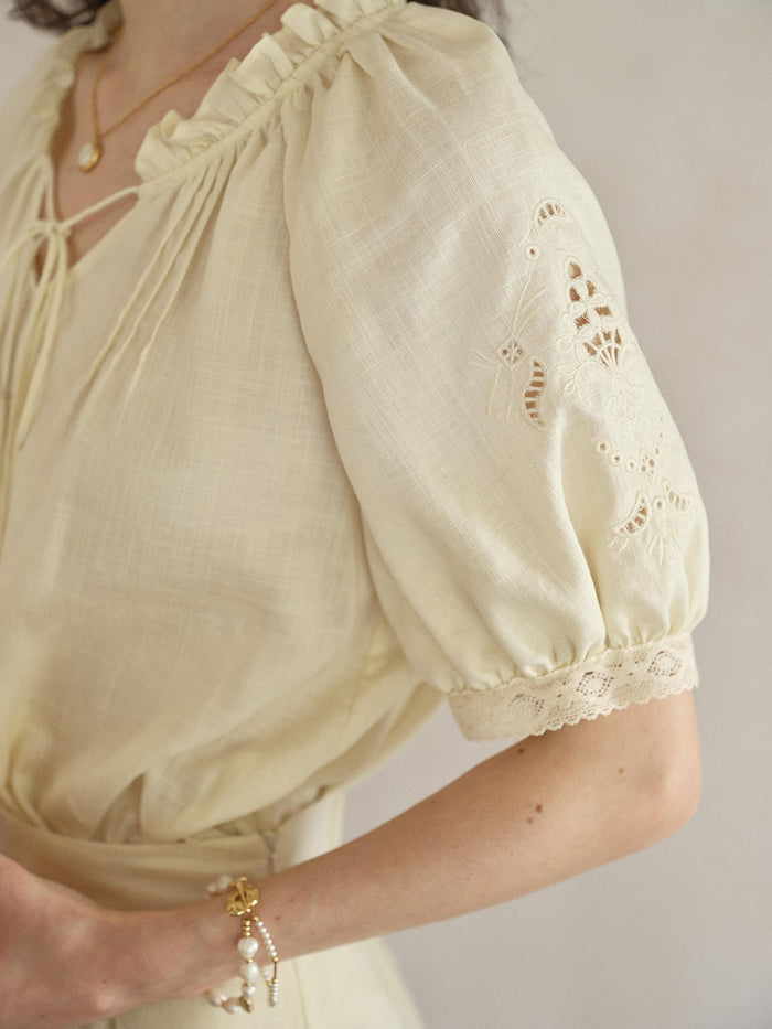 Fatima Ruffle Collar Puff Sleeve Linen Blouse