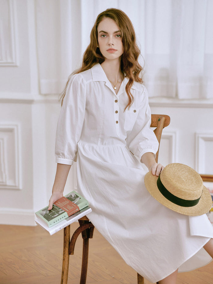 【Final Sale】Celeste Lapel Pocket Button-on 100% Cotton Dress