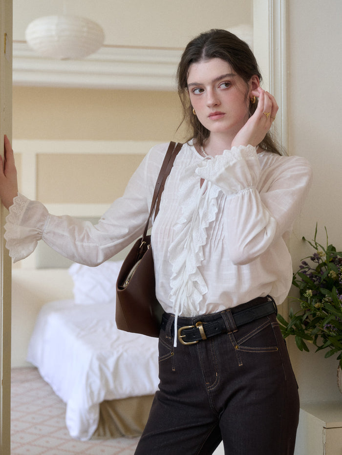 【Final Sale】Jayla Round Neck Pleats Trumpet Sleeve Blouse