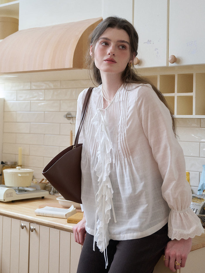【Final Sale】Jayla Round Neck Pleats Trumpet Sleeve Blouse
