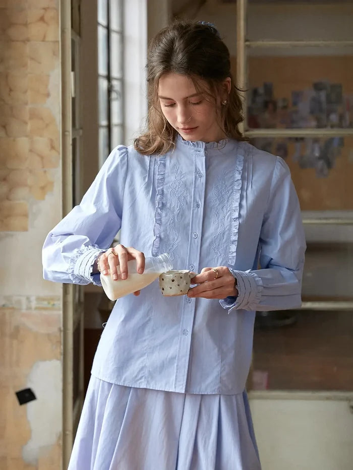 【Final Sale】Kassidy Ruffle Collar Embroidered 100% Cotton Blouse