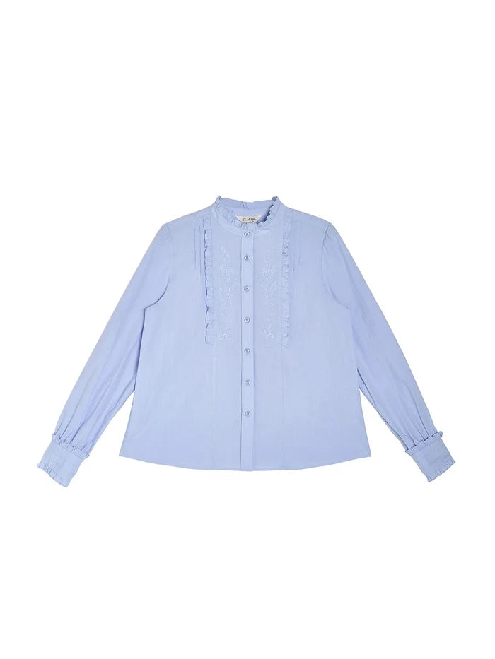 【Final Sale】Kassidy Ruffle Collar Embroidered 100% Cotton Blouse
