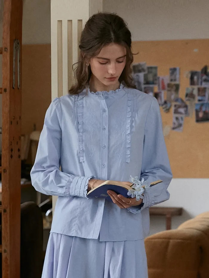 【Final Sale】Kassidy Ruffle Collar Embroidered 100% Cotton Blouse