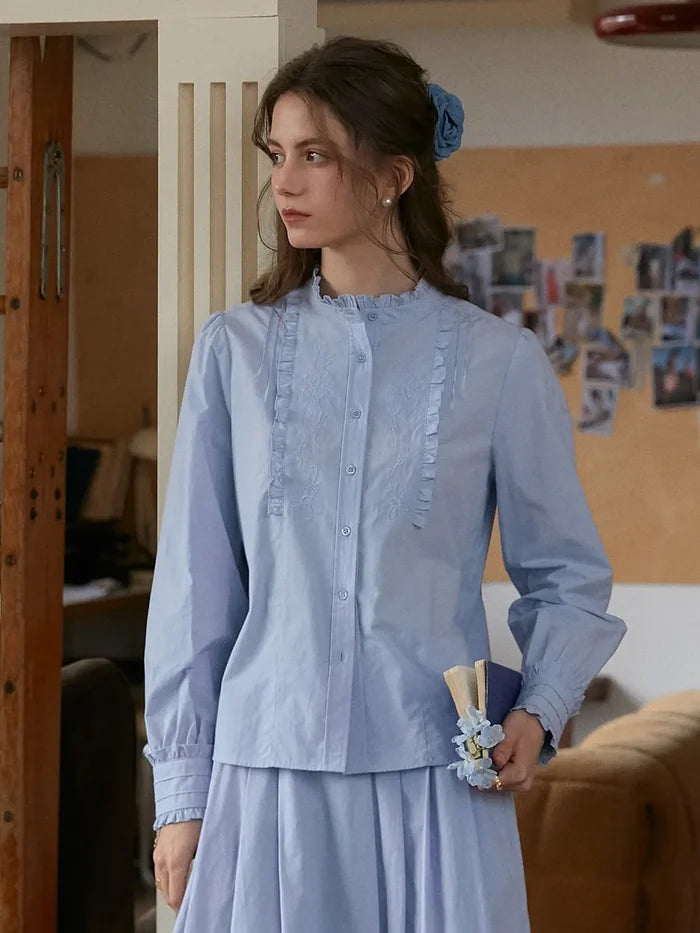【Final Sale】Kassidy Ruffle Collar Embroidered 100% Cotton Blouse