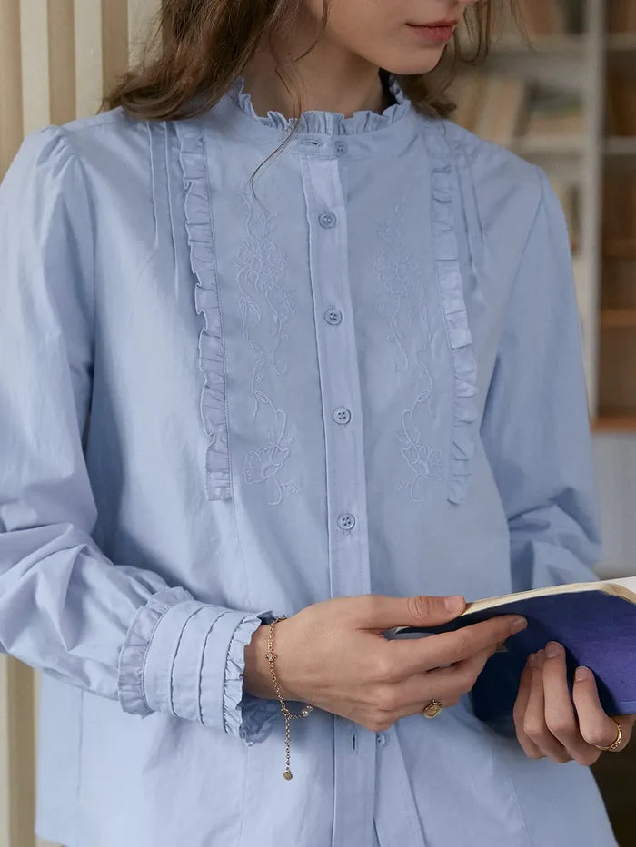 【Final Sale】Kassidy Ruffle Collar Embroidered 100% Cotton Blouse