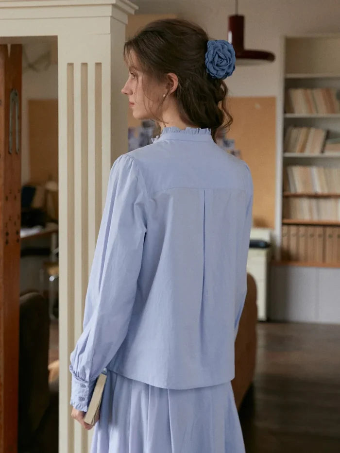 【Final Sale】Kassidy Ruffle Collar Embroidered 100% Cotton Blouse