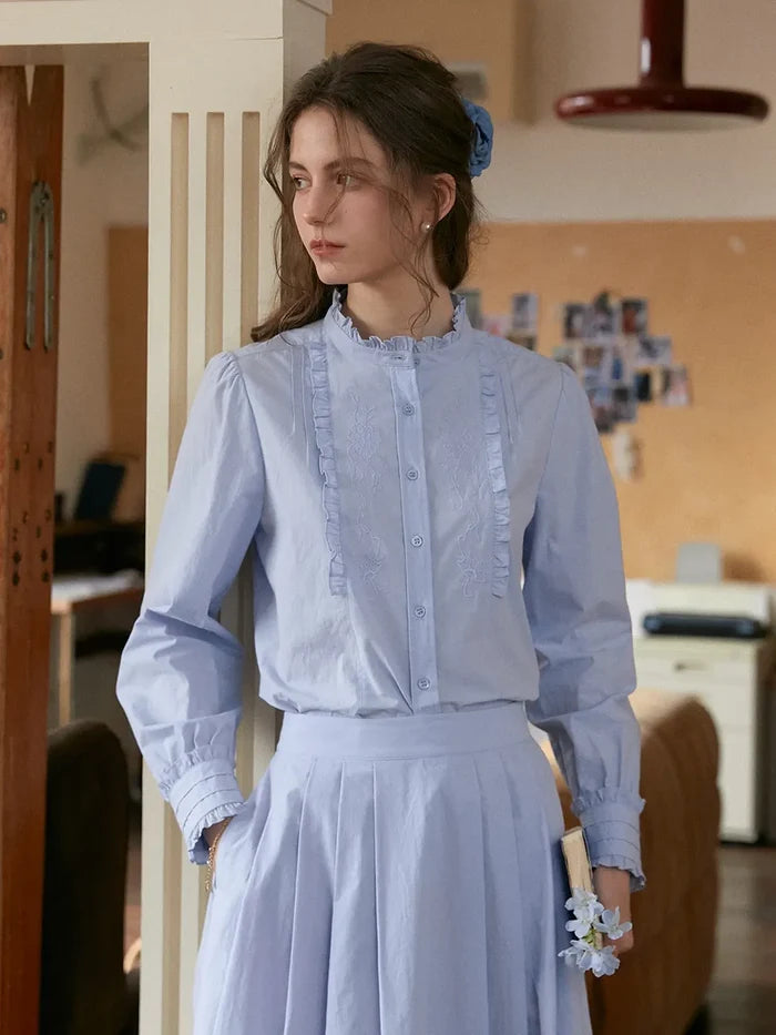 【Final Sale】Kassidy Ruffle Collar Embroidered 100% Cotton Blouse