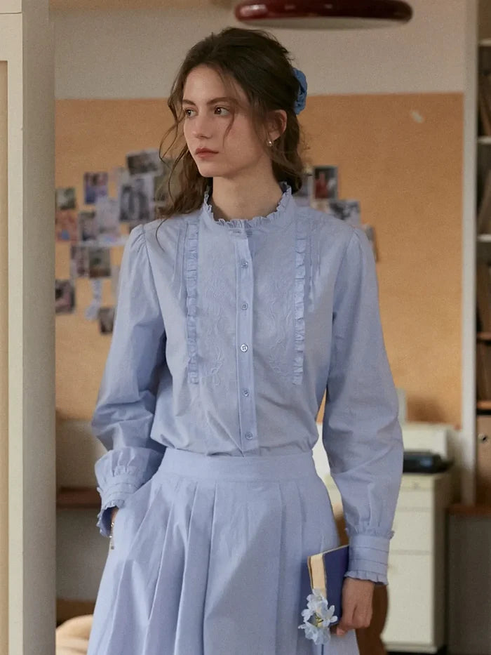 【Final Sale】Kassidy Ruffle Collar Embroidered 100% Cotton Blouse
