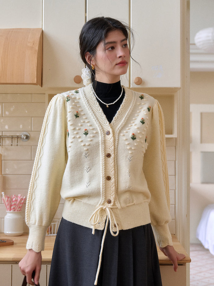 【Final Sale】Kira V-Neck Crochet Tie-Waist Wool Sweater