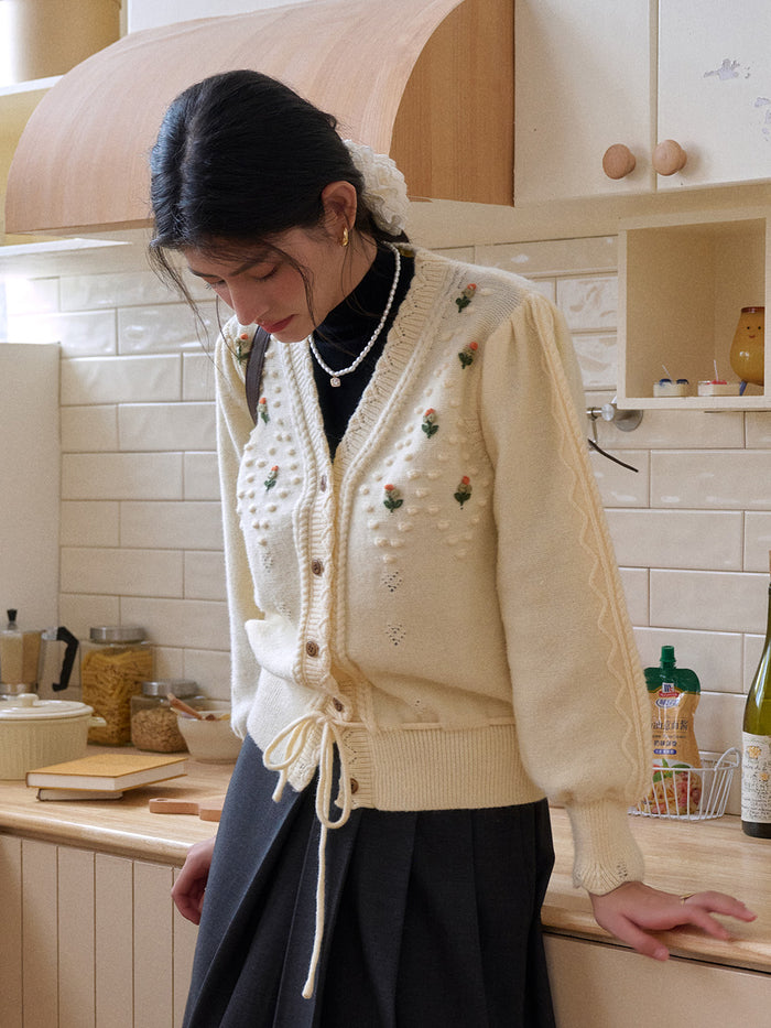 【Final Sale】Kira V-Neck Crochet Tie-Waist Wool Sweater
