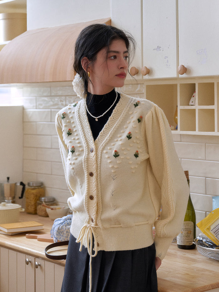 【Final Sale】Kira V-Neck Crochet Tie-Waist Wool Sweater