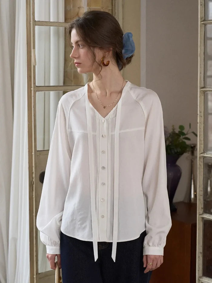 【Final Sale】Saoirse Tie Collar Linen Blouse