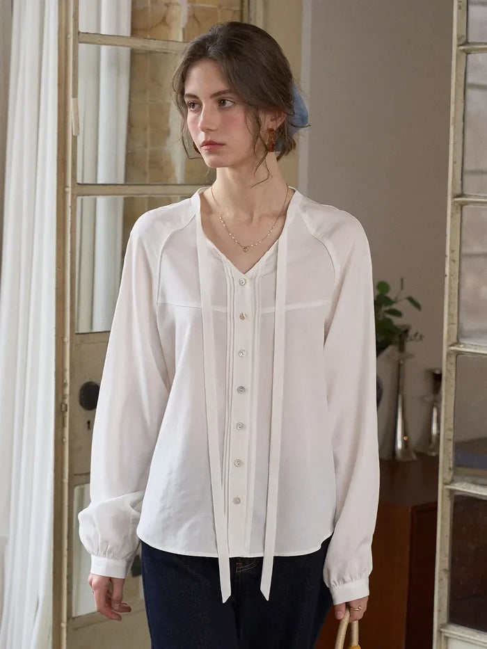 【Final Sale】Saoirse Tie Collar Linen Blouse