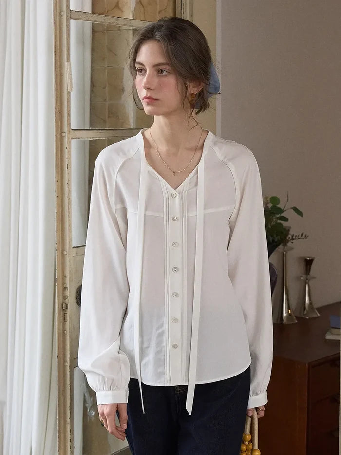 【Final Sale】Saoirse Tie Collar Linen Blouse