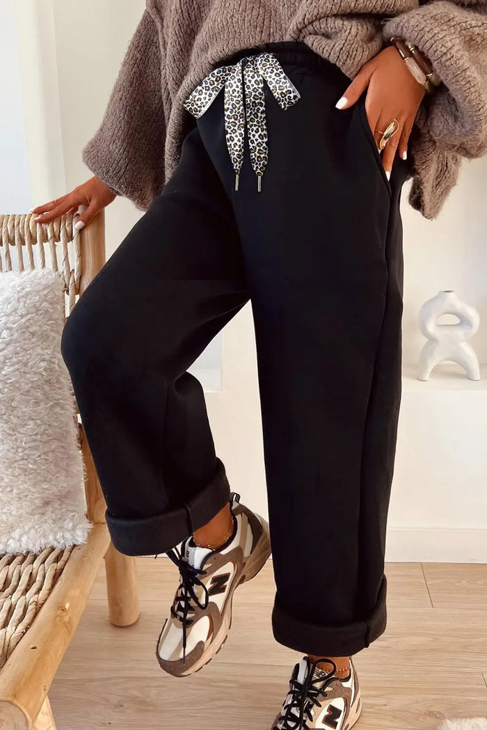 Fleece Lined Leopard Drawstring Elastic Waist Joggers - Black / S - Bottoms/Joggers
