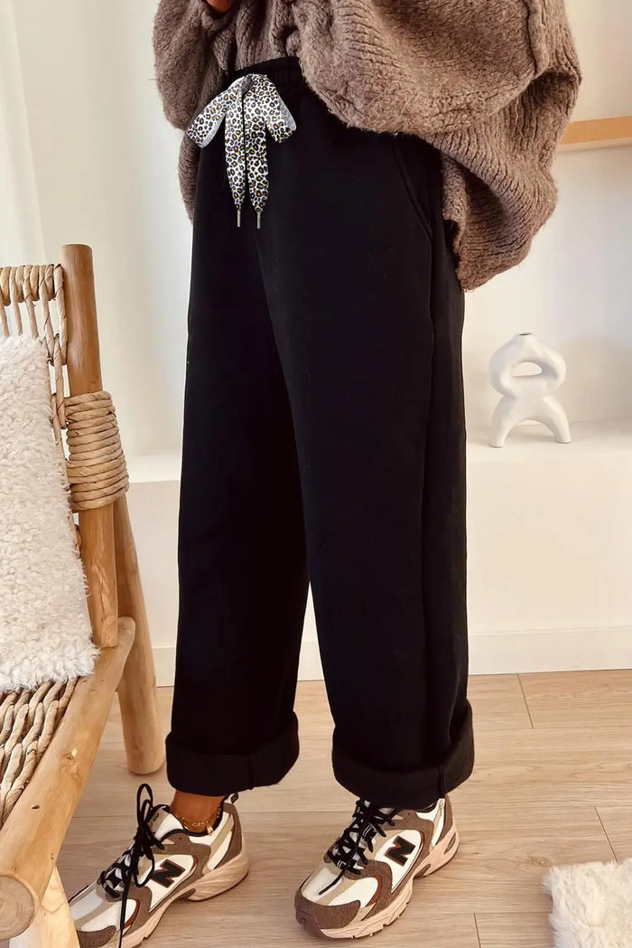 Fleece Lined Leopard Drawstring Elastic Waist Joggers - Bottoms/Joggers