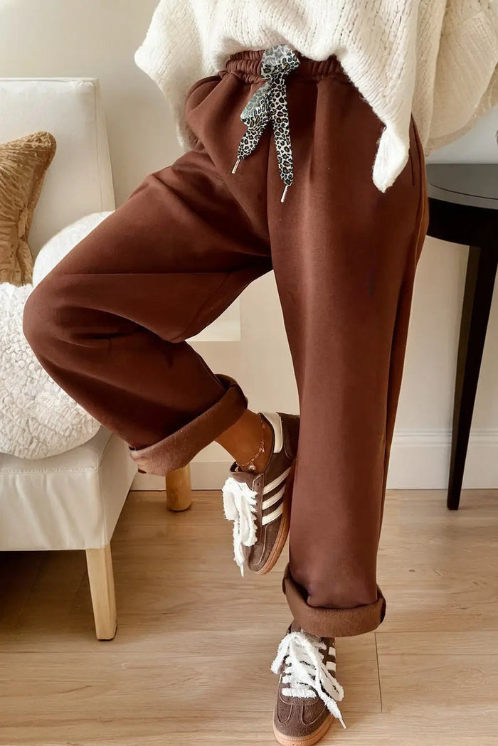 Fleece Lined Leopard Drawstring Elastic Waist Joggers - Bottoms/Joggers