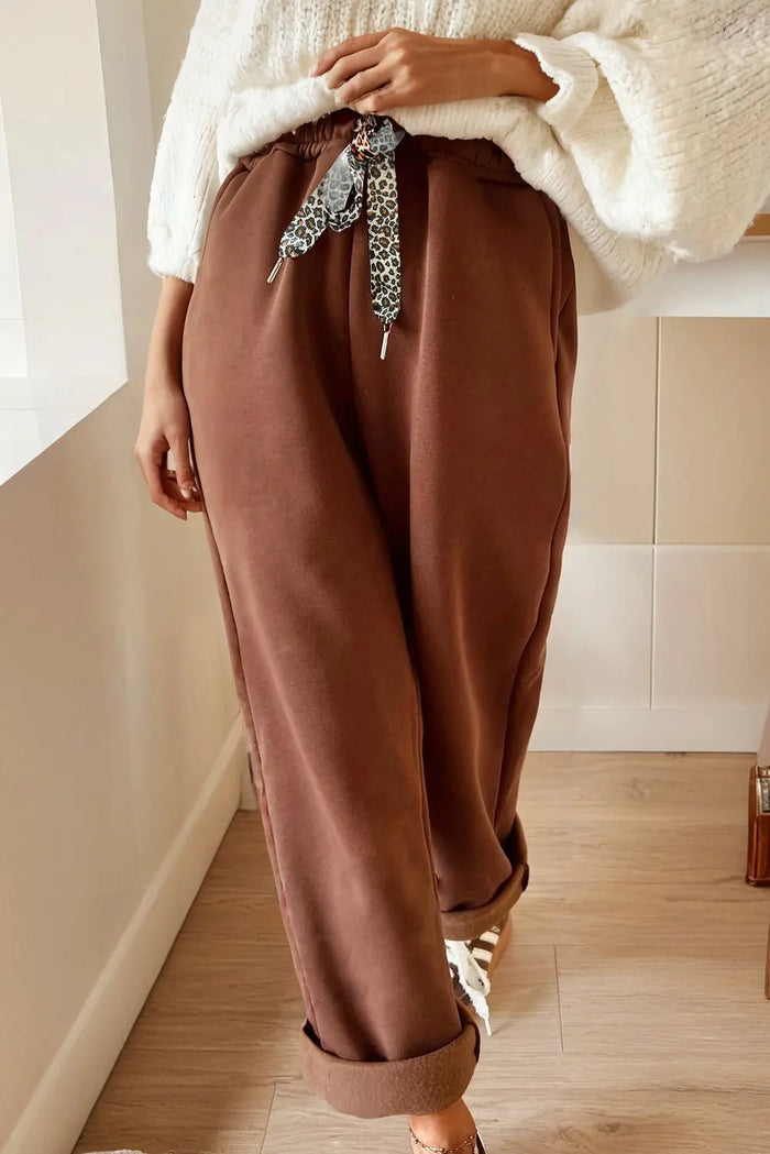 Fleece Lined Leopard Drawstring Elastic Waist Joggers - Bottoms/Joggers