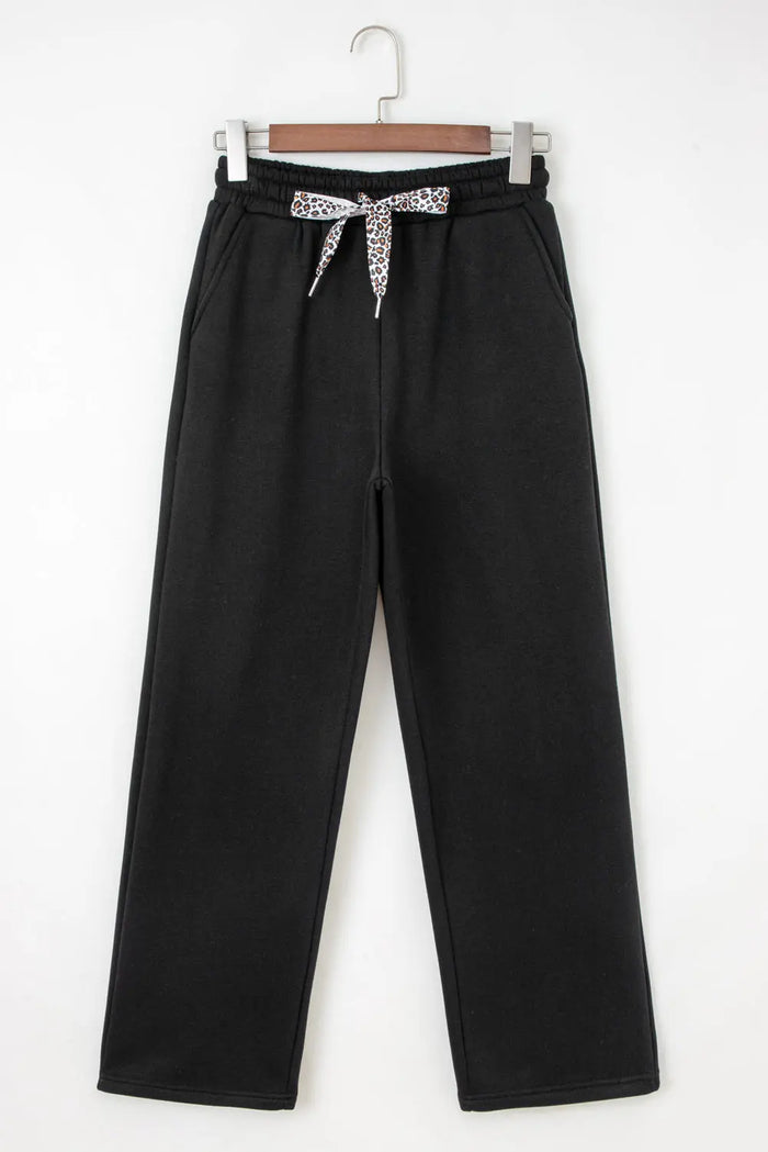 Fleece Lined Leopard Drawstring Elastic Waist Joggers - Bottoms/Joggers