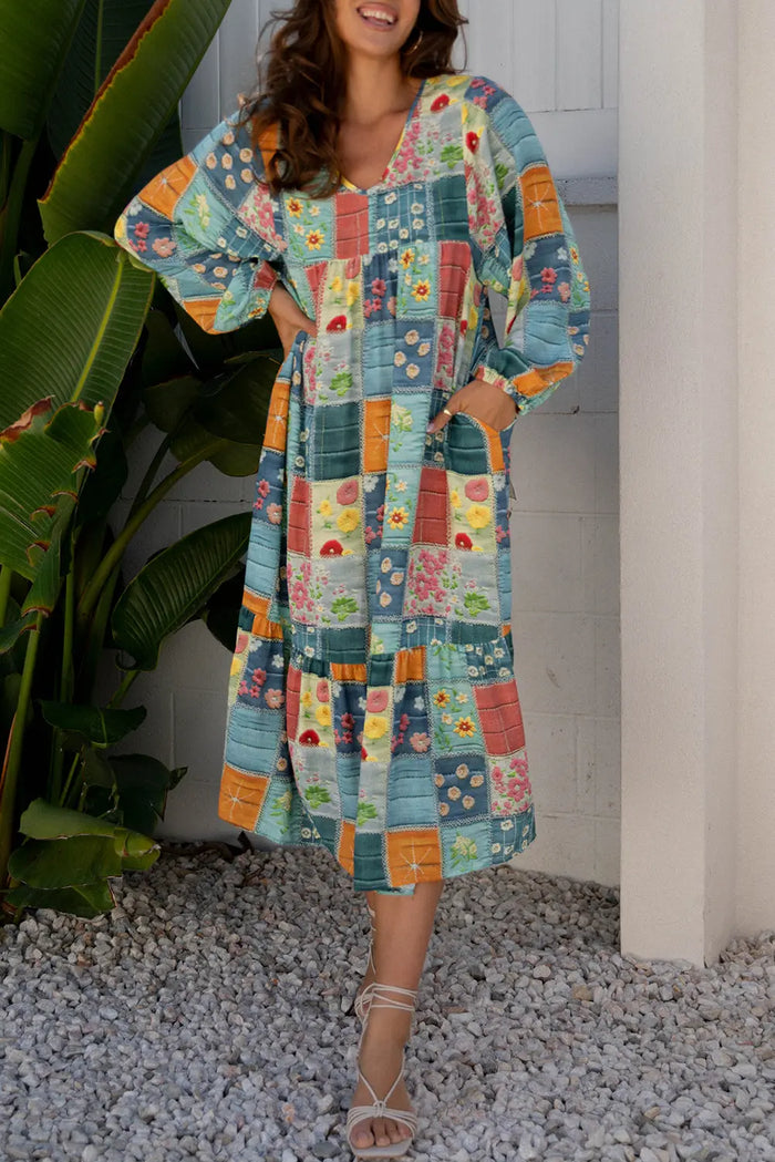 Floral Checkered Pattern Bubble Sleeve Ruffle Hem Dress - Dresses/Maxi Dresses