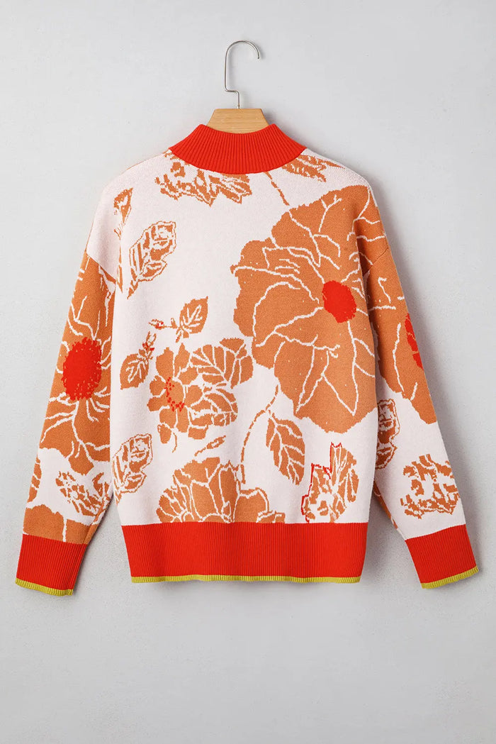 Floral Half Zip Collared Pullover Sweater - Sweaters & Cardigans/Sweaters