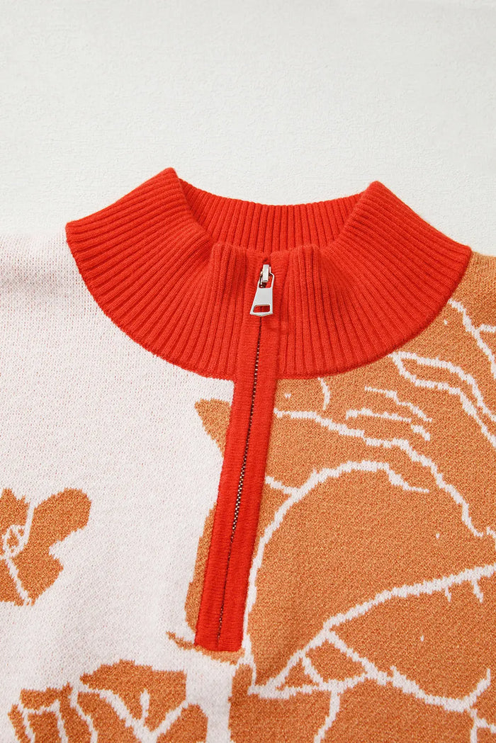 Floral Half Zip Collared Pullover Sweater - Sweaters & Cardigans/Sweaters
