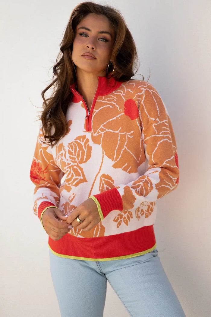 Floral Half Zip Collared Pullover Sweater - Sweaters & Cardigans/Sweaters